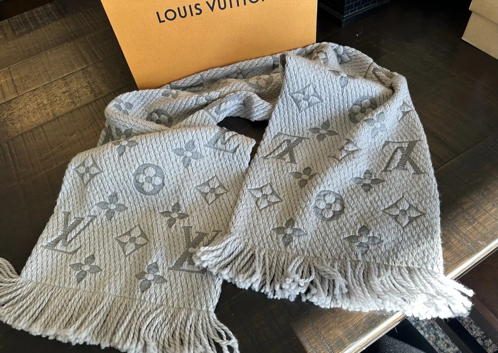 Louis Vuitton Grey Logo Scarf | Classic Monogram | Authentic Luxury - Image 1
